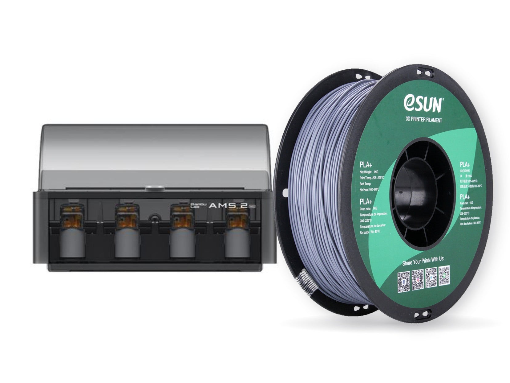 eSUN PLA+ plastic spool next to a Bambu Lab AMS