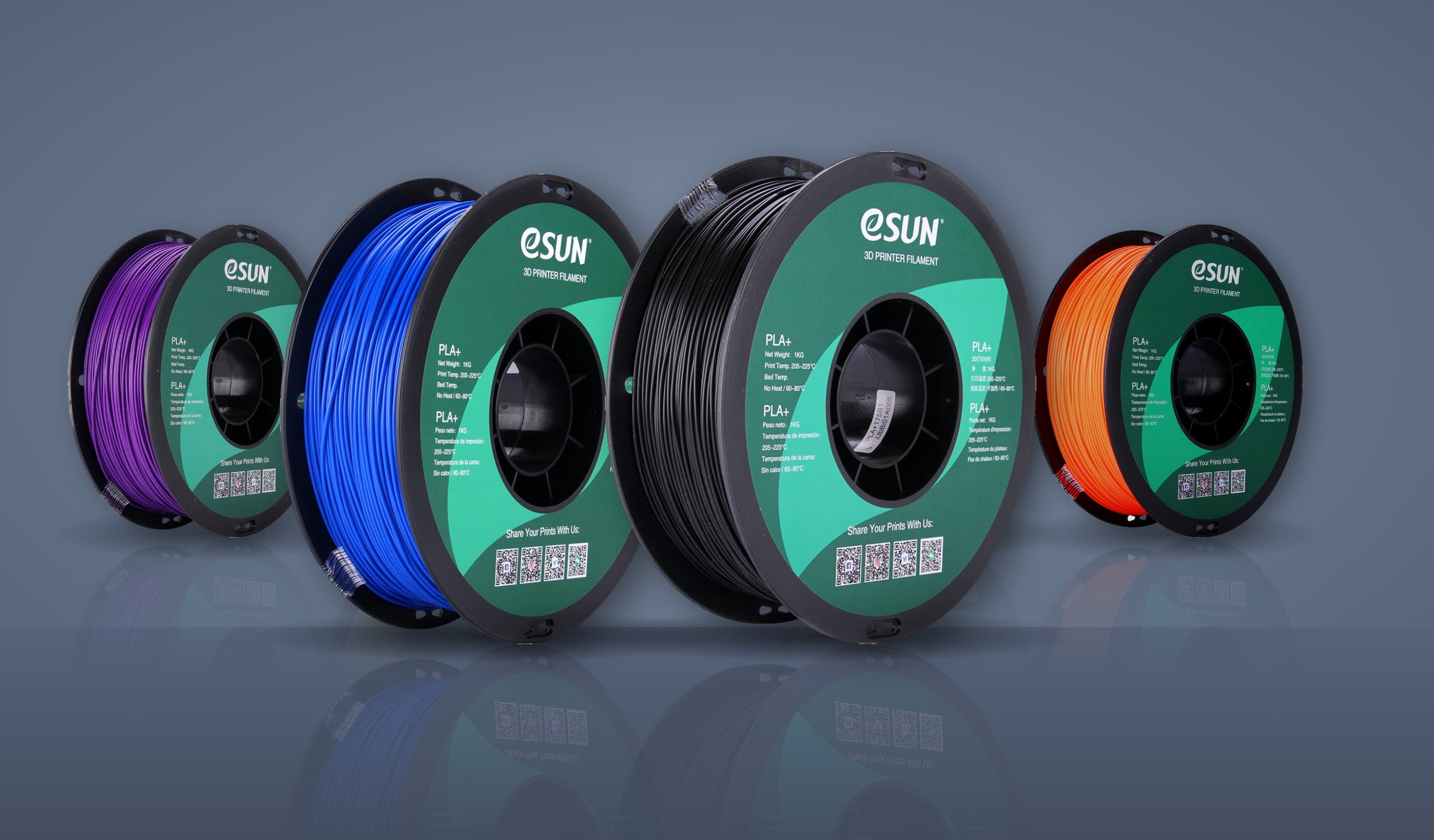 eSUN PLA+ filament on plastic spools